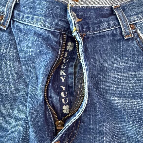 Lucky Brand Dungarees Loose Fit Short Length Jeans Mens 34x27 Blue Raw Hem Baggy - Picture 5 of 13